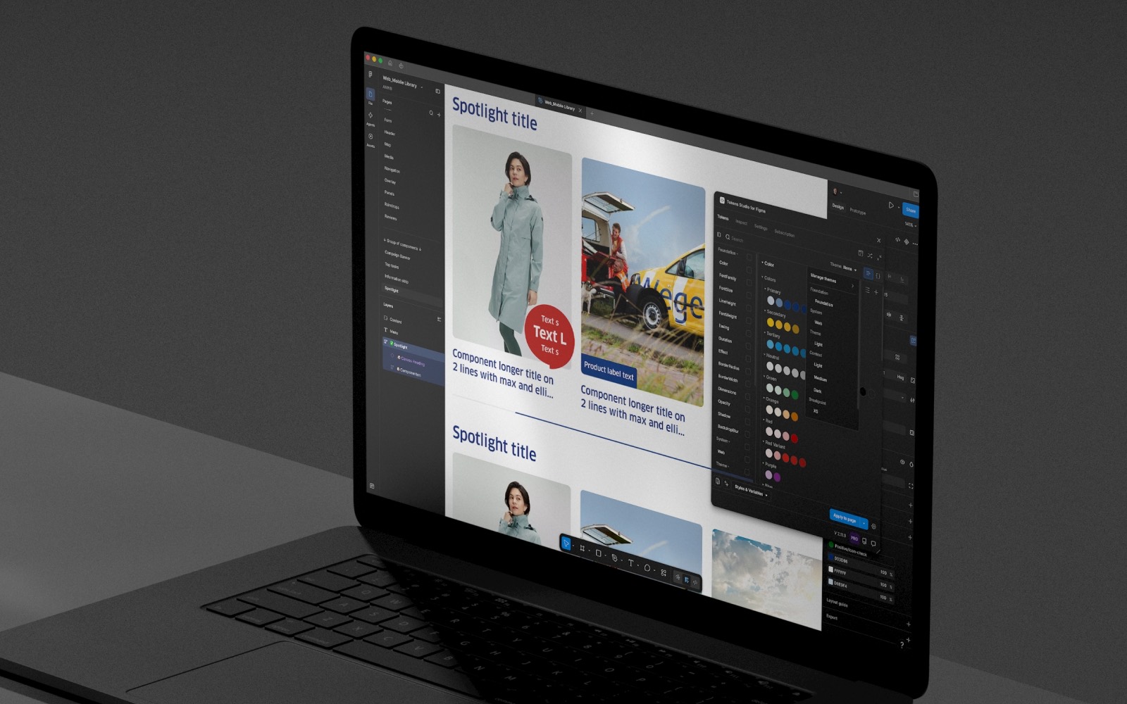 The ANWB design-system Figma library on a laptop: spotlight components alongside the token sets in Tokens Studio.