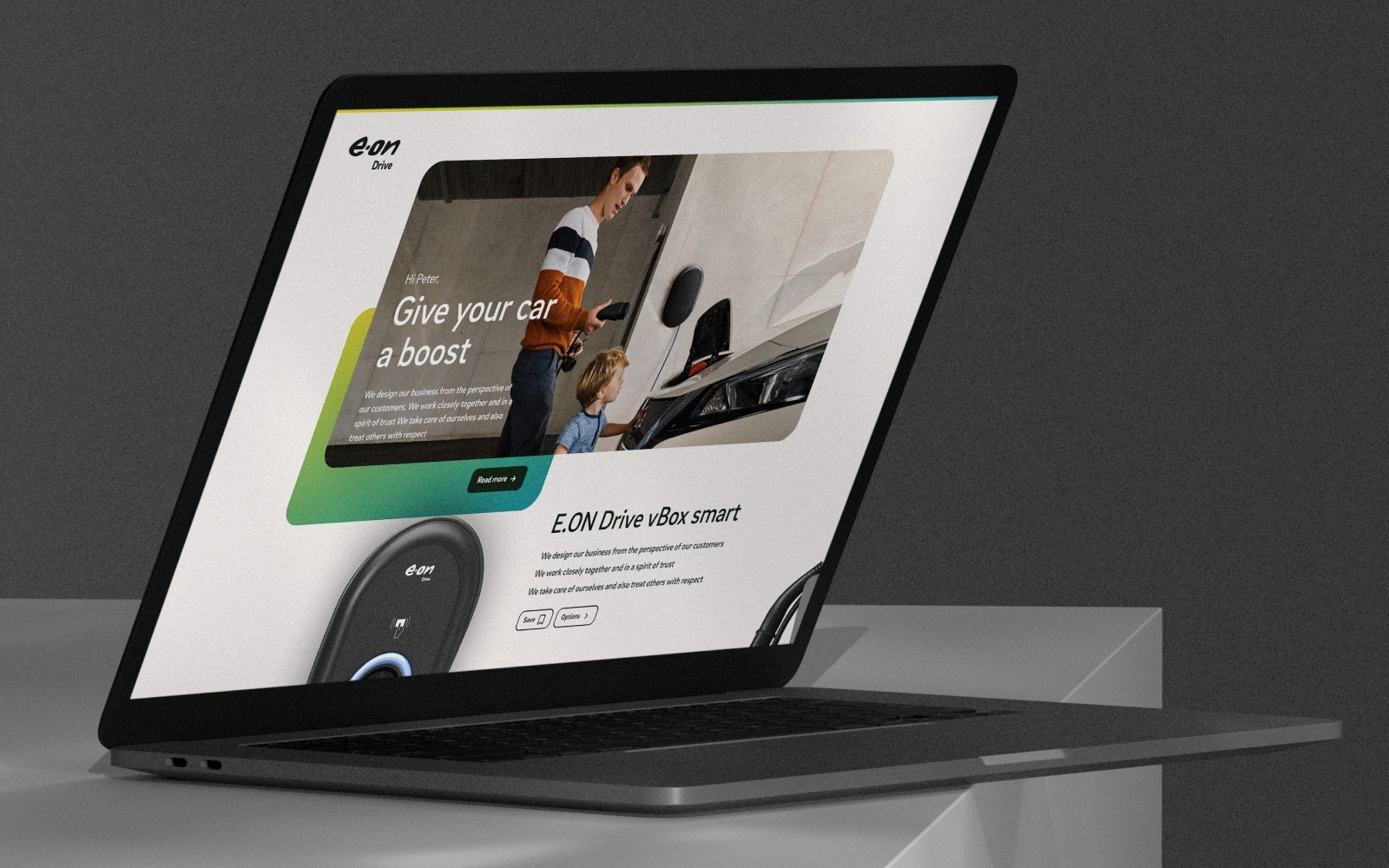 The E.ON Drive vBox smart web experience on a laptop, built from the multi-brand design system.