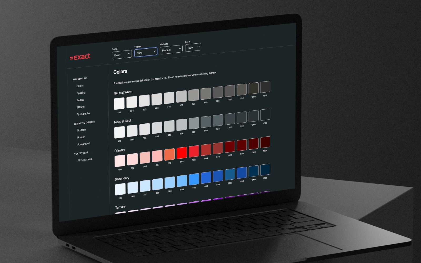 The Exact design-token site on a laptop: brand, theme, platform and scale switches above the foundation colour ramps, in dark mode.