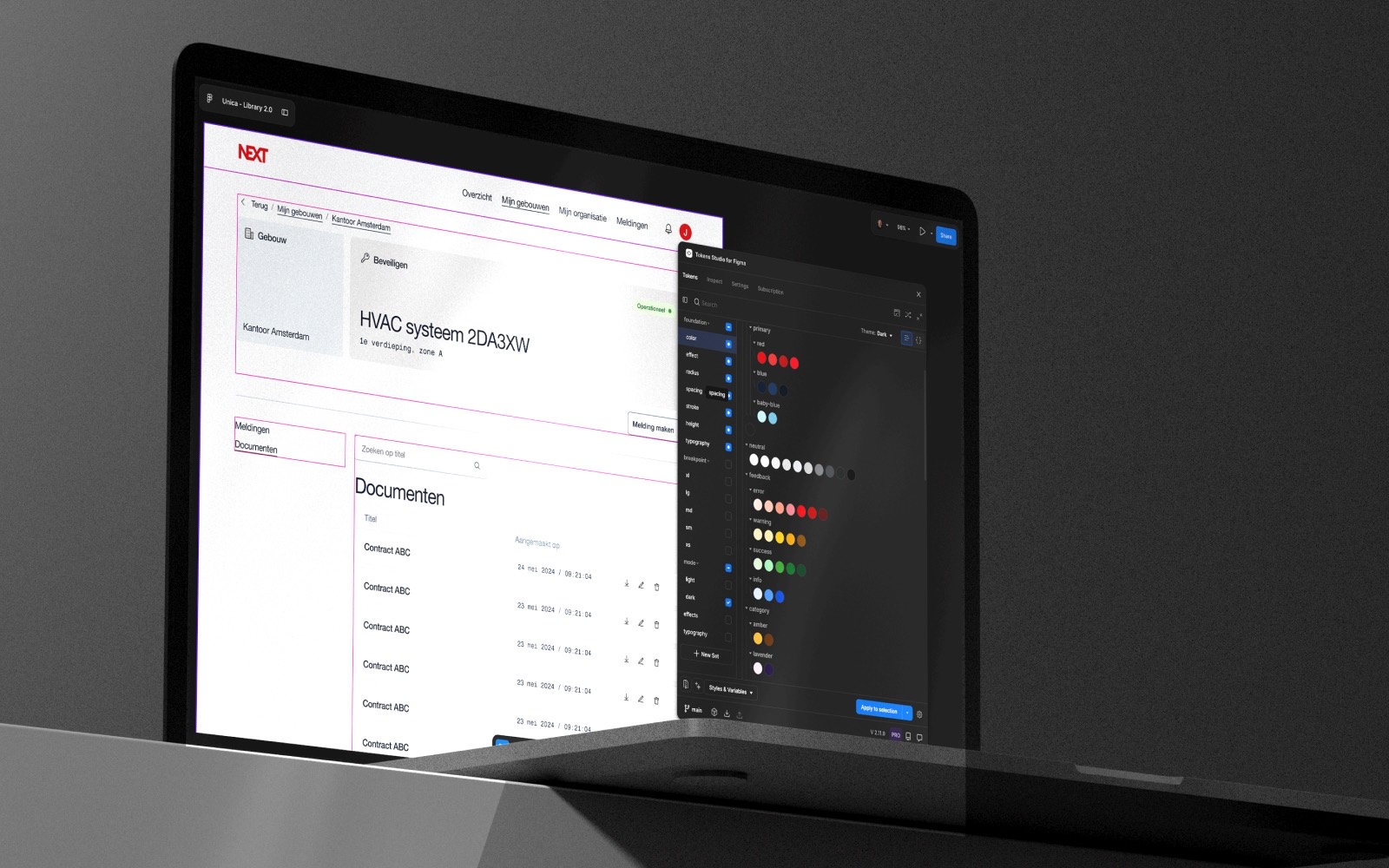 The Unica design system on a laptop: the product UI alongside the Figma library and its token sets in dark mode.